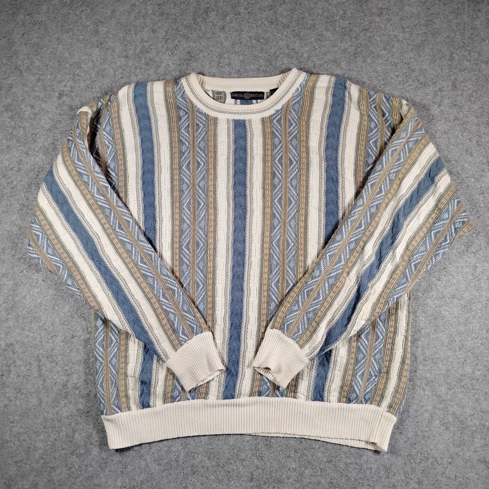 Cape Isle Knitters Mens‎ Large Blue Cream Striped Textured Cotton Sweater
